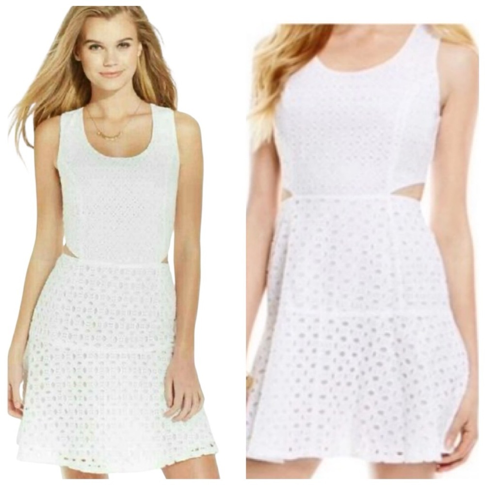 Jessica Simpson NEW Eyelet Lace Cotton Mini Dress Side Cut Outs A Line White XS